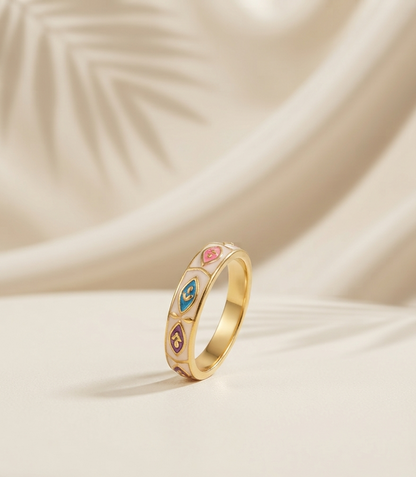 white with multi color enamel ring