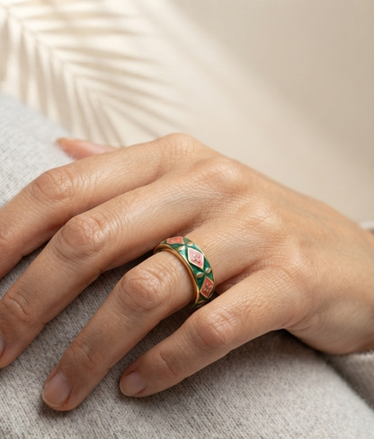 green red enamel ring