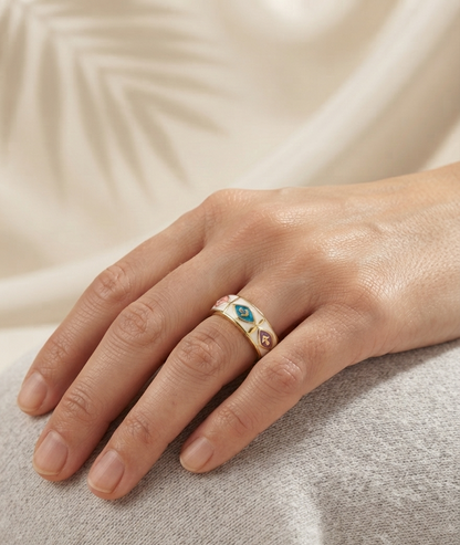 white with multi color enamel ring