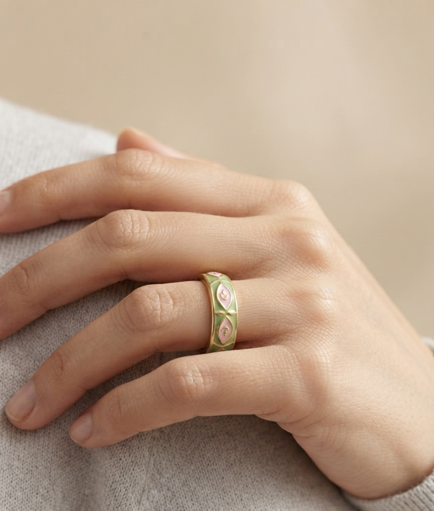 green pink enamel ring