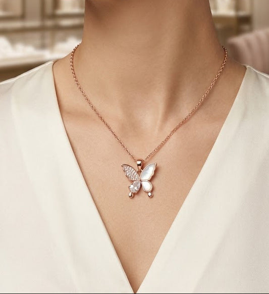 rose goldbutterfly with single stone necklace