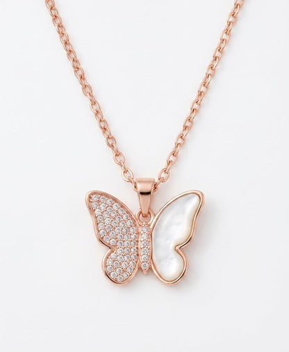 rose goldbutterfly with single stone necklace