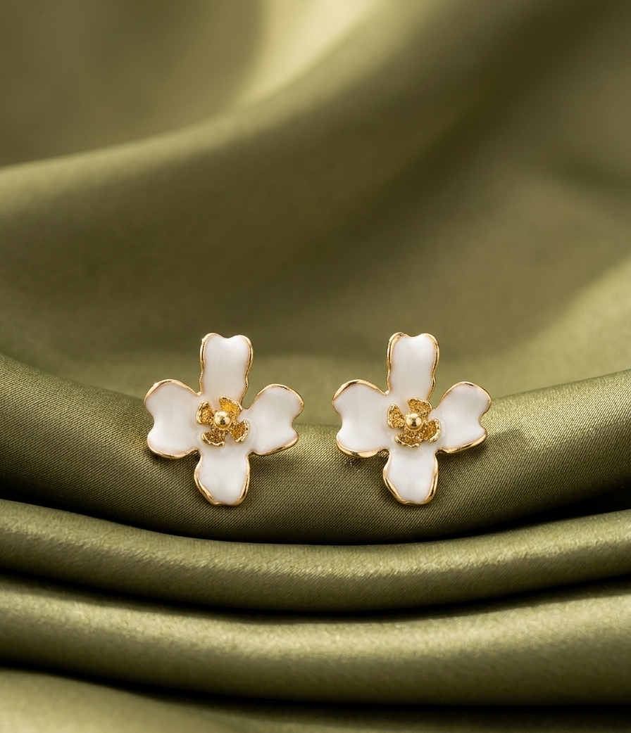 Golden Blossom White Enamel Earring