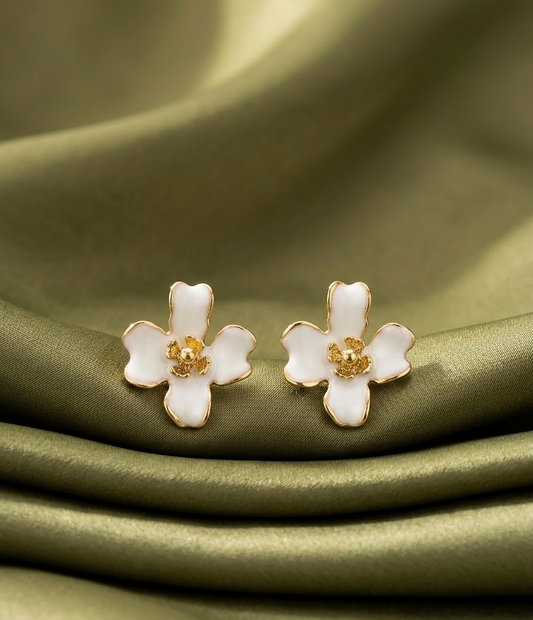 Golden Blossom White Enamel Earring