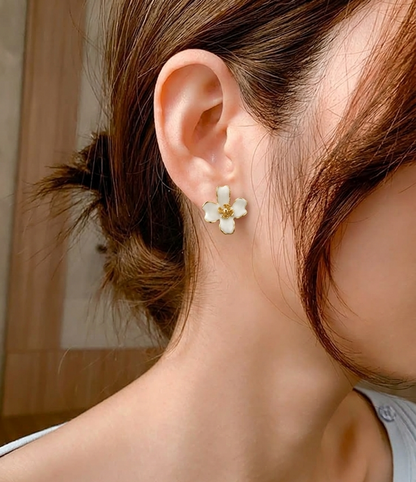 Golden Blossom White Enamel Earring
