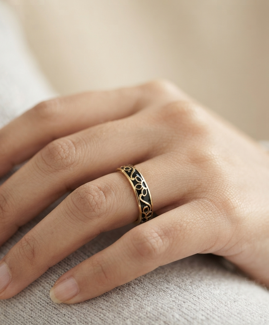 black floral enamel ring