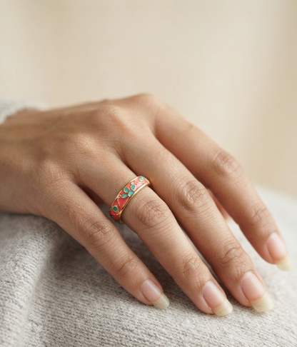 pink blue floral enamel ring