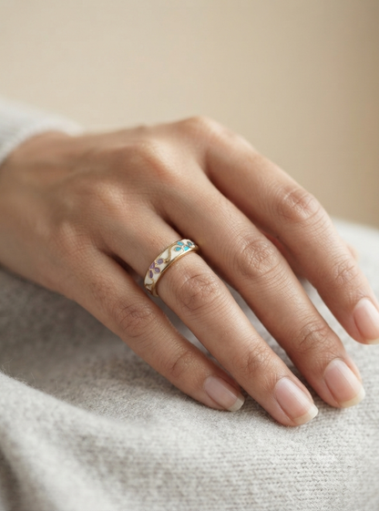 white with multicolor flower enamel ring