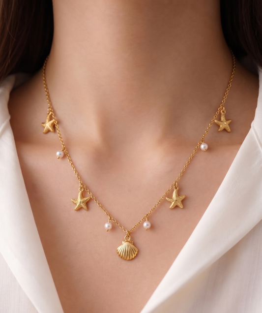 sea shell star theme pearl charms necklace