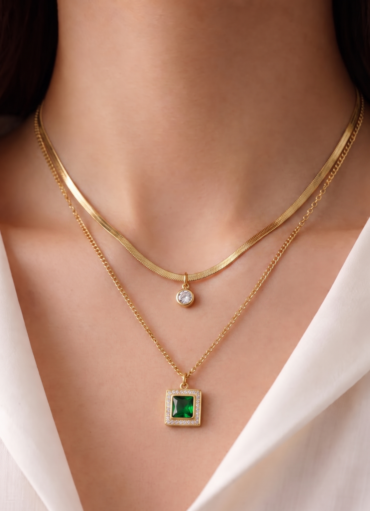 crystal green stone double layer necklace