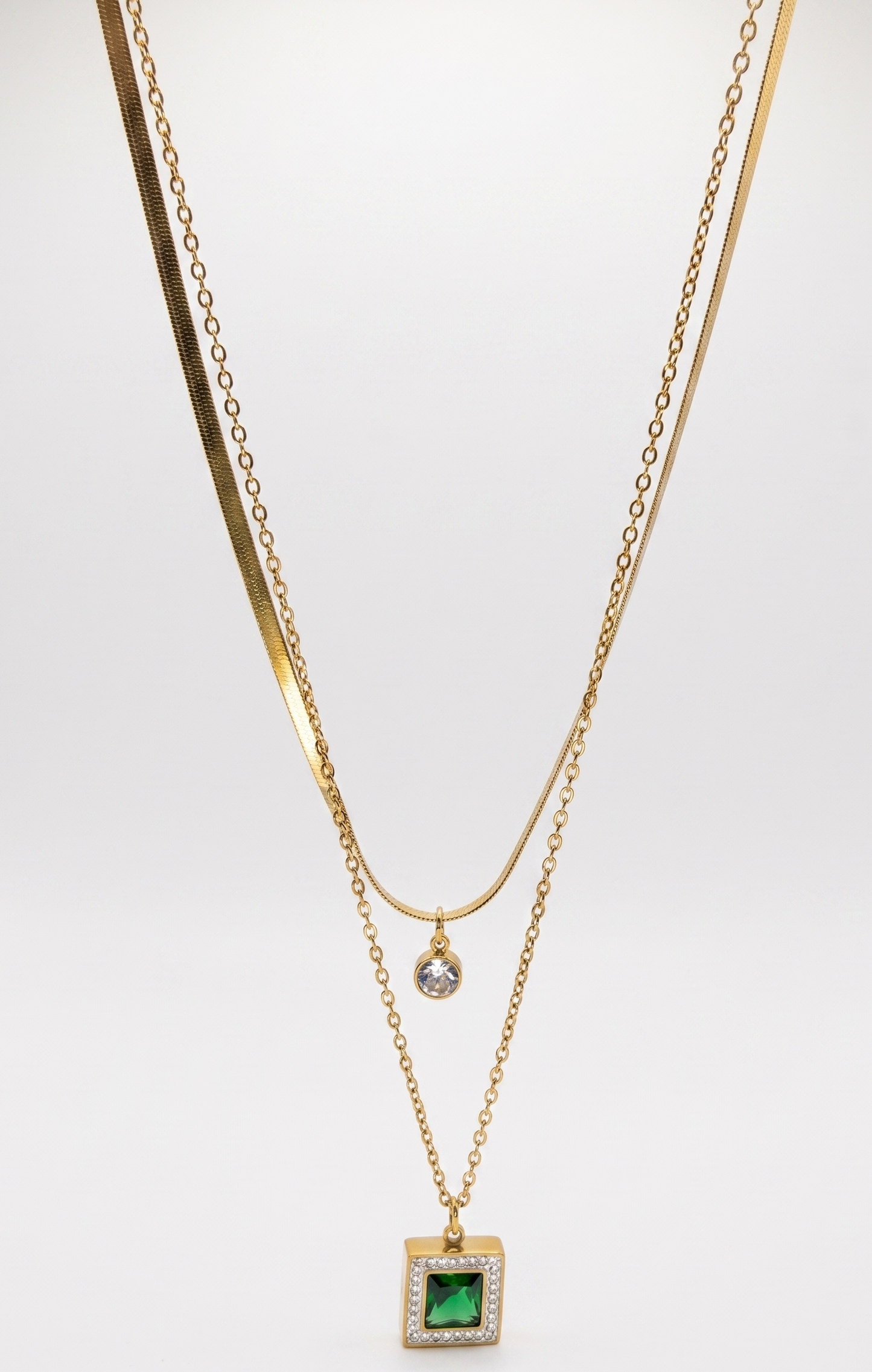crystal green stone double layer necklace