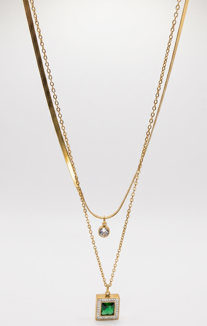 crystal green stone double layer necklace