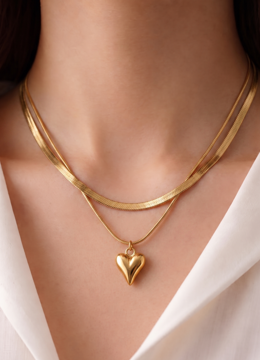 double layer trendy heart with snake chain necklace