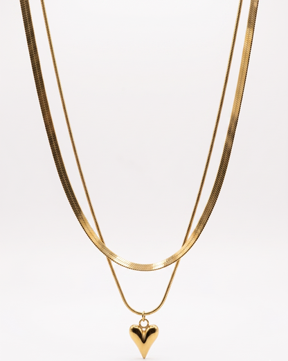 double layer trendy heart with snake chain necklace