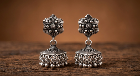 square base silver jhumkas