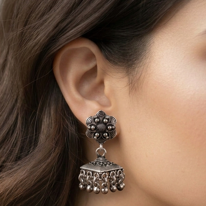 square base silver jhumkas