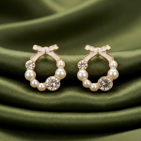 crystal bow pearl studs