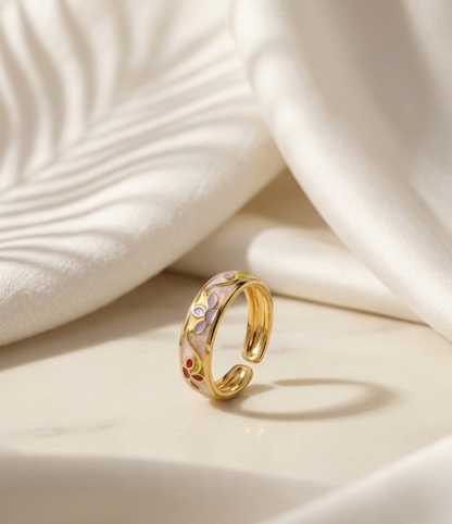 white with multicolor flower enamel ring