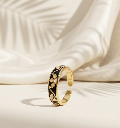 black white floral enamel ring