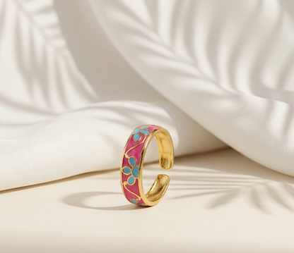 pink blue floral enamel ring