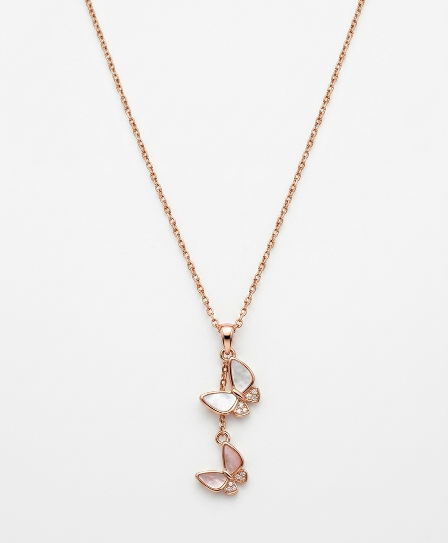 rose gold duo butterfly drop necklace