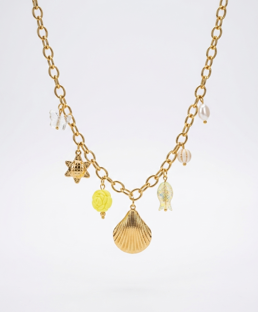 seashell and blossom charm necklace