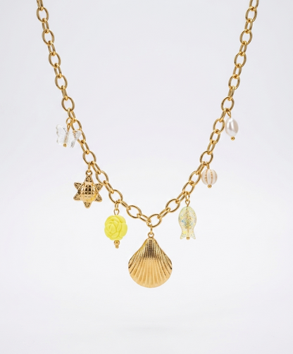 seashell and blossom charm necklace