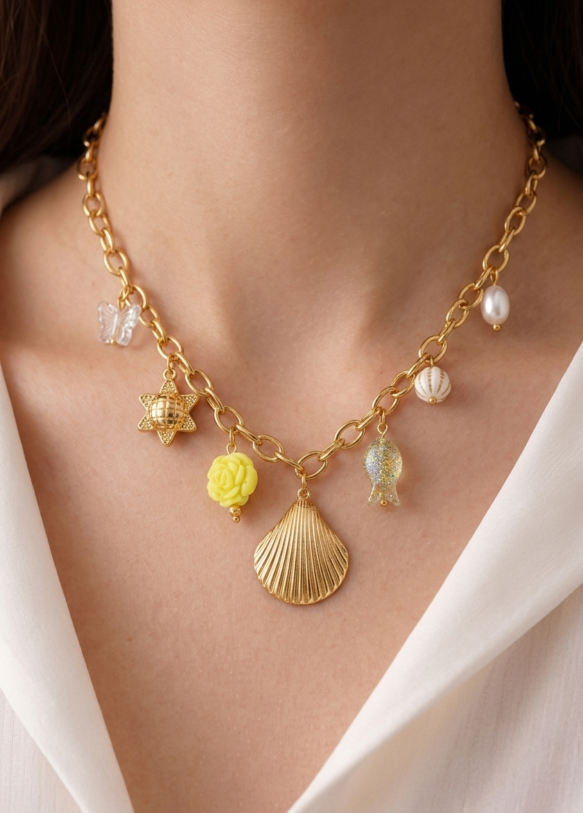 seashell and blossom charm necklace
