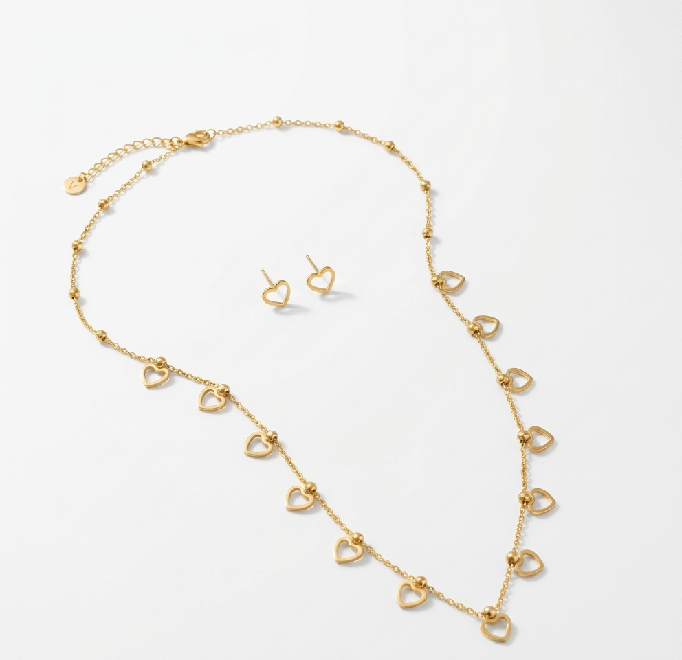 beaded heart outline necklace and studs