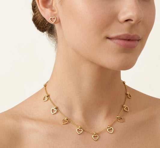 beaded heart outline necklace and studs