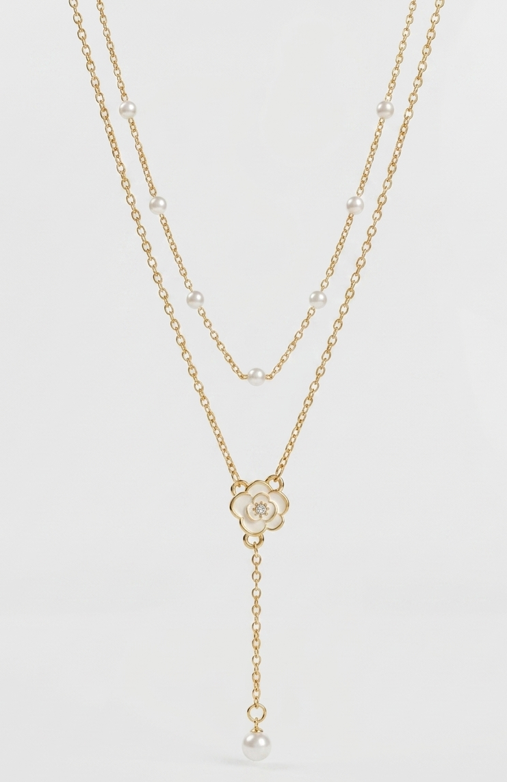 The Camellia and Pearl Layered Lariat Necklace