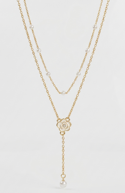 The Camellia and Pearl Layered Lariat Necklace