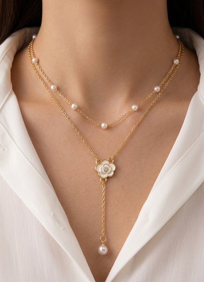 The Camellia and Pearl Layered Lariat Necklace
