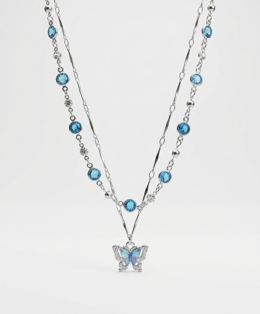 Blue Butterfly Layered Necklace