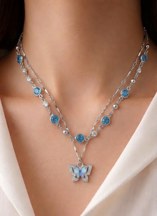 Blue Butterfly Layered Necklace