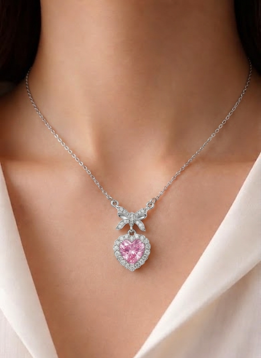 blush heart bow necklace