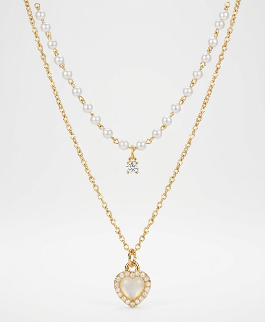 Double Layer Heart & Pearl Necklace