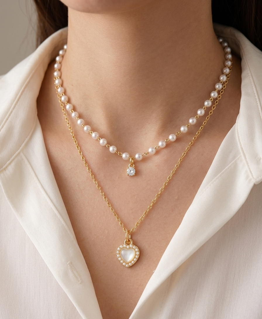Double Layer Heart & Pearl Necklace
