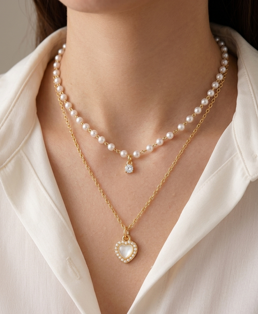 Double Layer Heart & Pearl Necklace
