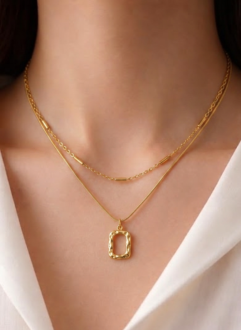 Golden Double Layered Hammered Pendant Necklace