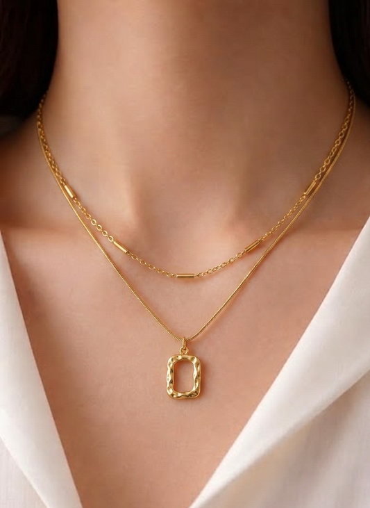 Golden Double Layered Hammered Pendant Necklace