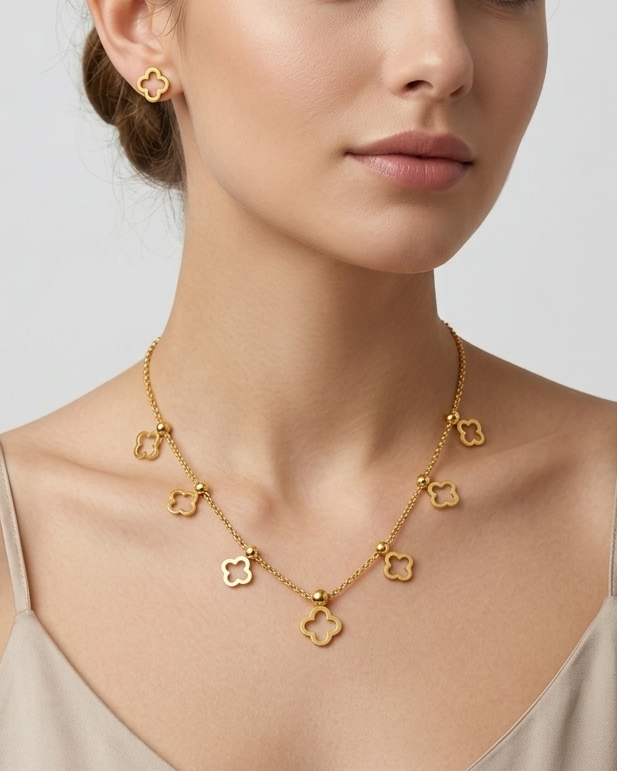 beaded clover outline necklace and studs