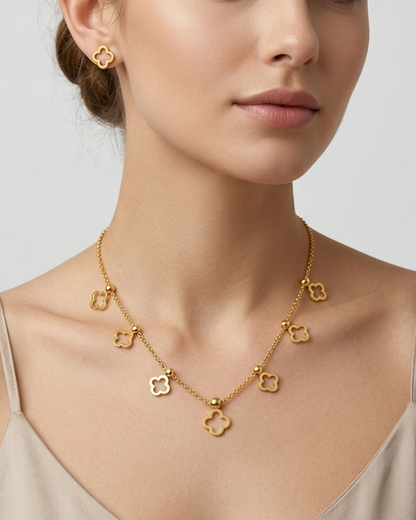 beaded clover outline necklace and studs