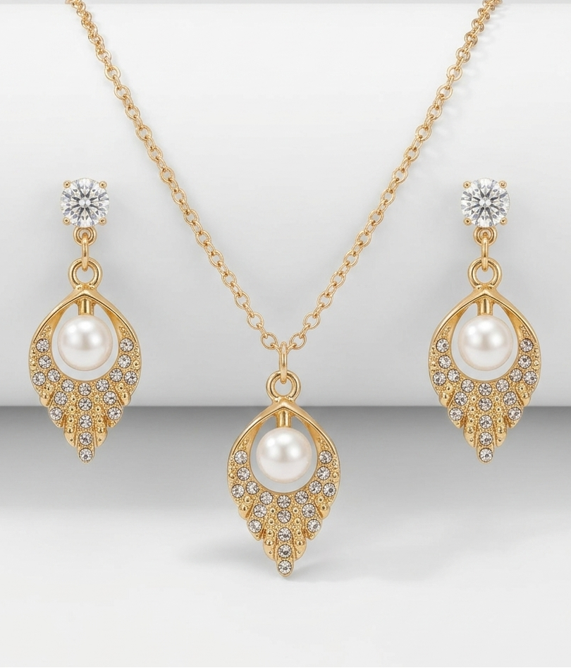 the pearl drop leaf jewelery set