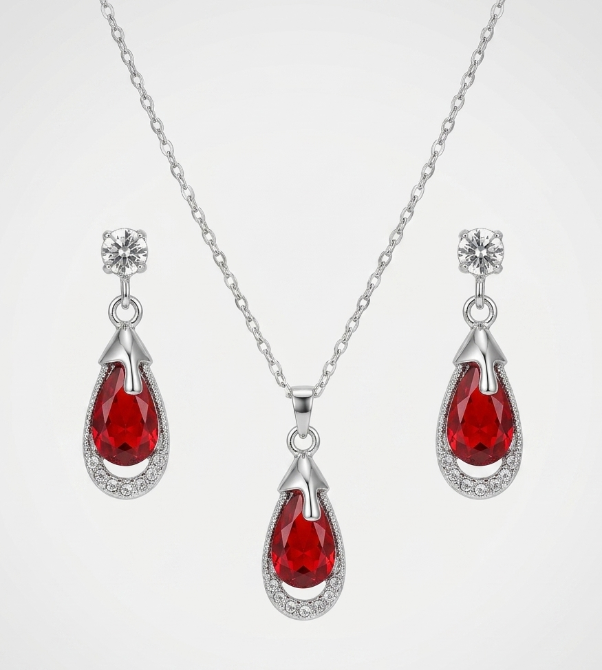 Classic Ruby Teardrop Halo Jewelry Set