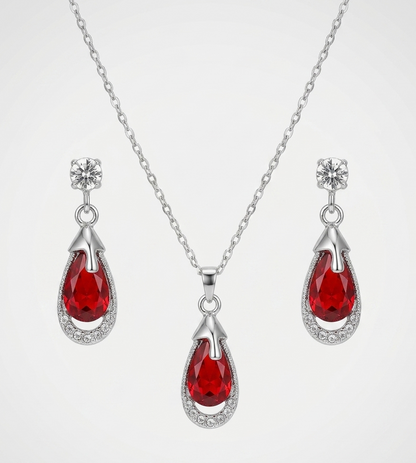 Classic Ruby Teardrop Halo Jewelry Set
