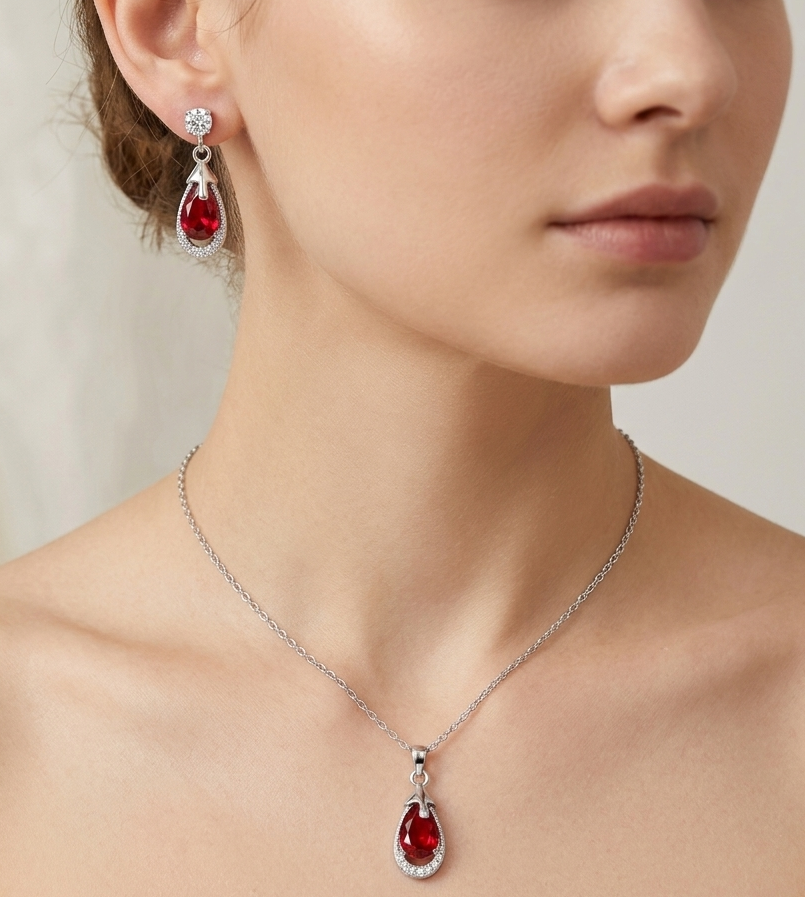 Classic Ruby Teardrop Halo Jewelry Set