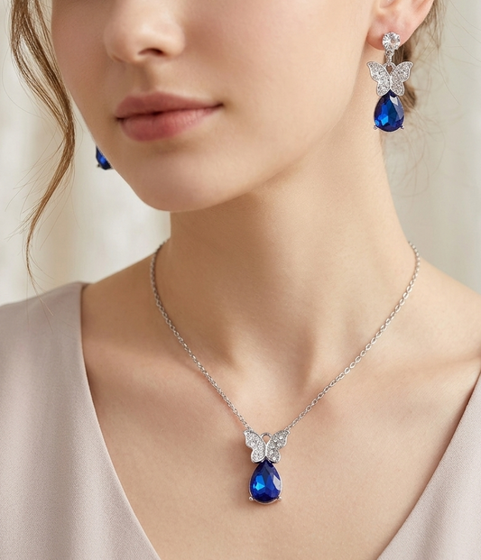 Sapphire Blue Butterfly Tear Drop Jewelry Set
